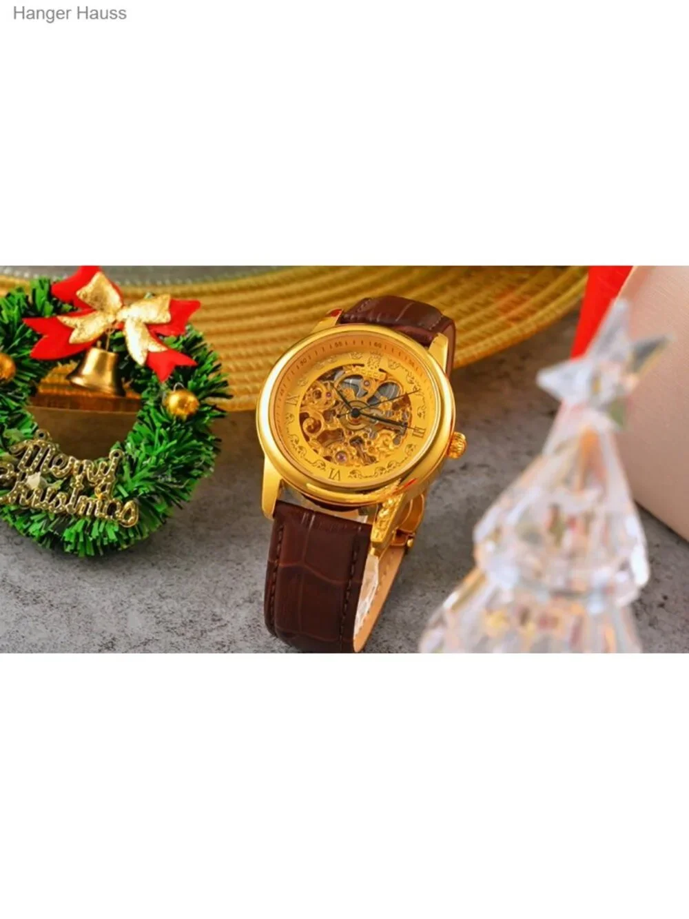 Luxury Gold Skeleton Dial Automatic Mechanical Watch for Men, Self-Winding